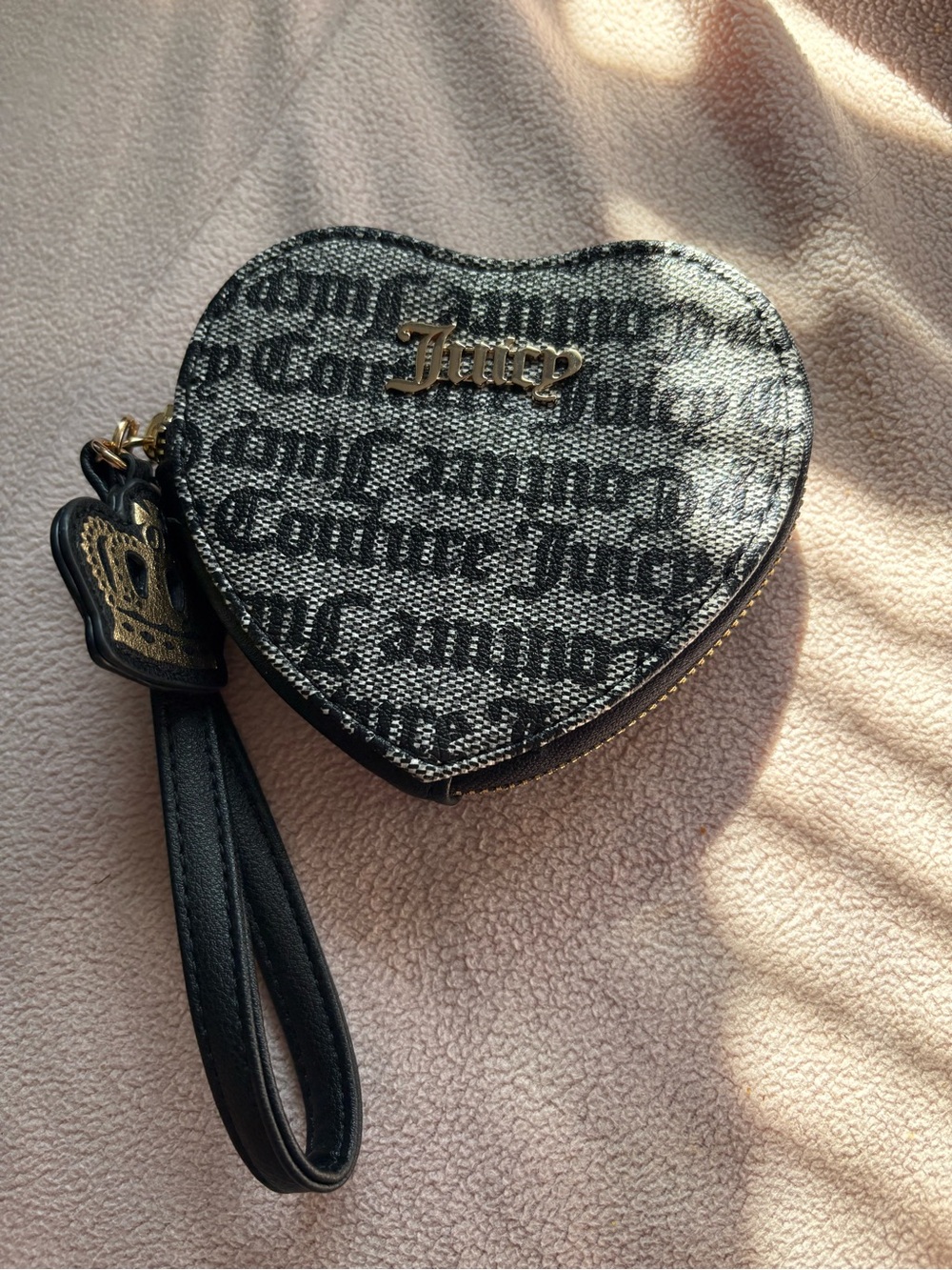 Juicy Couture Black Heart Logo Wristlet with Gold Hardware